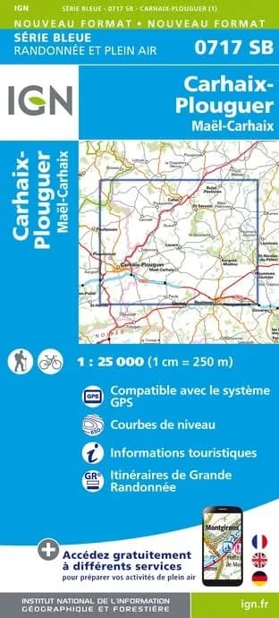 Carte randonnée Carhaix-Plouguer.Maël-Carhaix | série Bleue IGN — recto