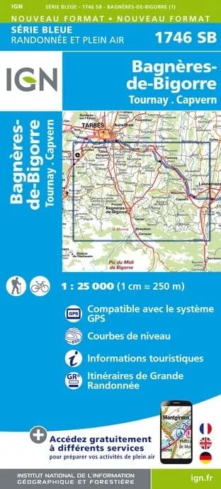 Carte randonnée Bagnères de Bigorre/Tournay/Capvern | série Bleue IGN — recto