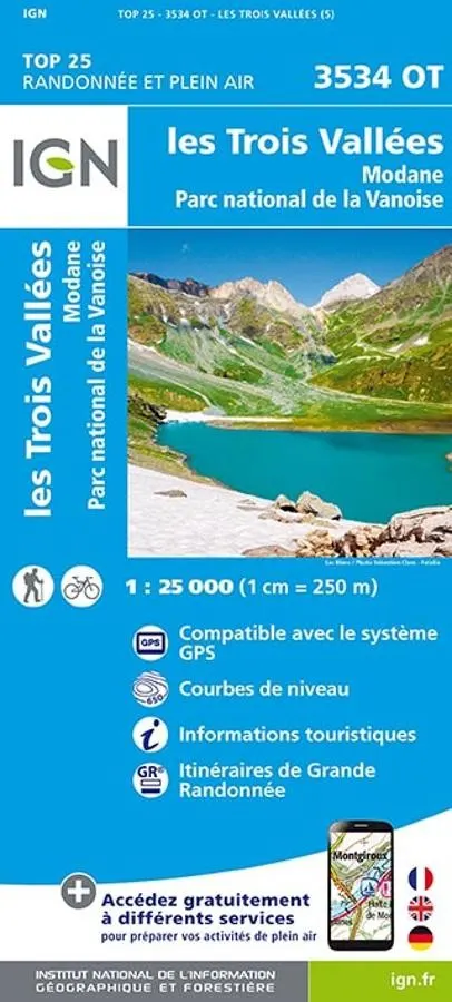 Carte IGN les 3 vallees modane parc de la vanoise 3534OT série Top 25 — recto