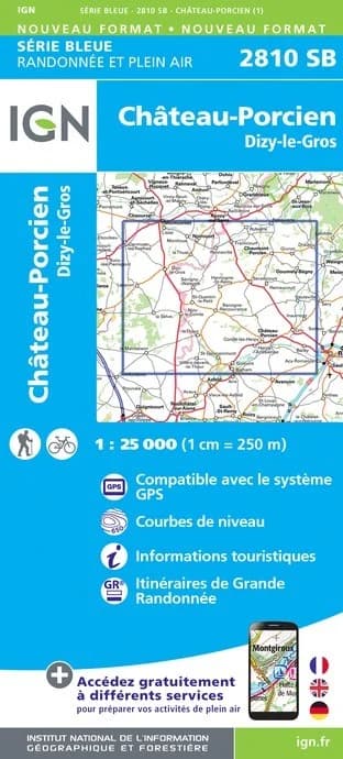 Carte randonnée Château-Porcien.Dizy-le-Gros | série Bleue IGN — recto