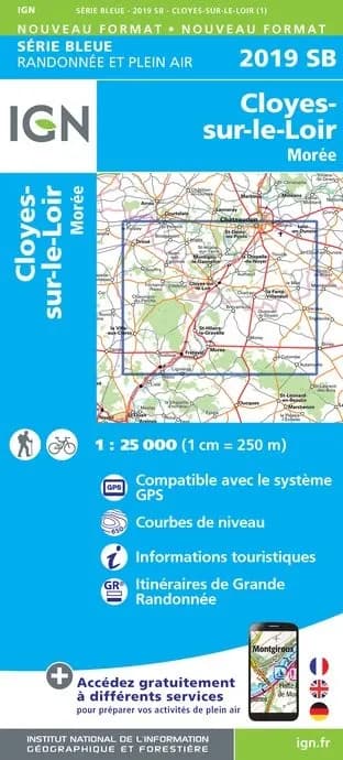 Carte randonnée Cloyes sur le Loir/La Chapelle du Noyer | série Bleue IGN — recto