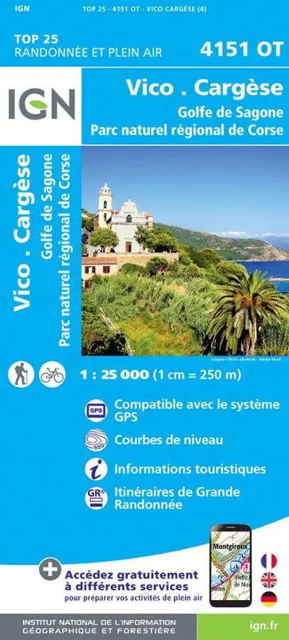 Carte IGN vico carges golfe de sagone 4151OT série Top 25 — recto