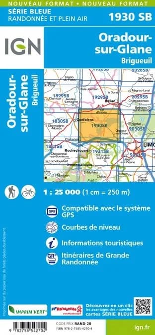 Carte randonnée Oradour sur Glane/Brigueuil | série Bleue IGN — recto