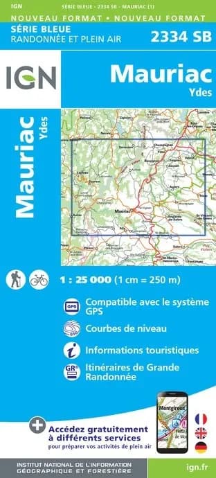 Carte randonnée Mauriac/Ydes | série Bleue IGN — recto