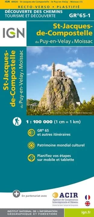 GR65-1 | Carte randonnée chemin de St Jacques. Le Puy à Moissac IGN — recto