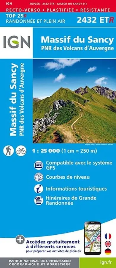 Carte IGN massif sancy volcans auvergne 2432ETR série Top 25 Résistante — recto
