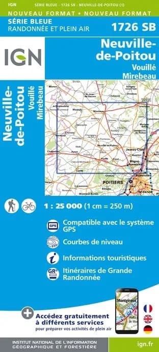 Carte randonnée Neuville de Poitou - Vouillé - Mirebeau | série Bleue IGN — recto