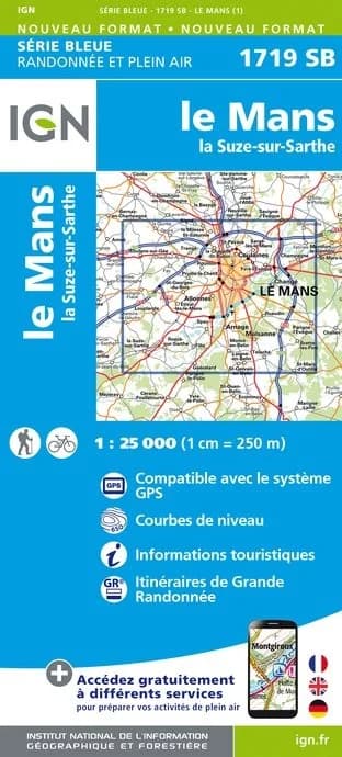 Carte randonnée Le Mans/La Suzu sur Sarthe | série Bleue IGN — recto