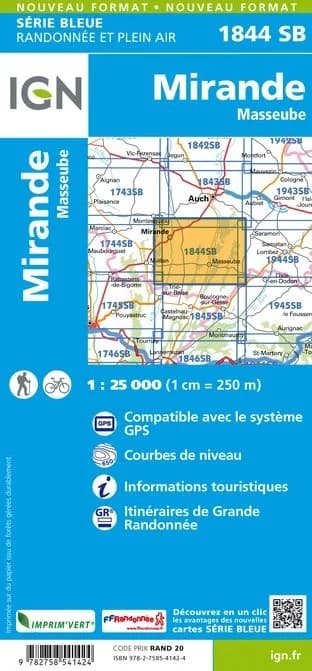 Carte randonnée Mirande/Masseube | série Bleue IGN — recto