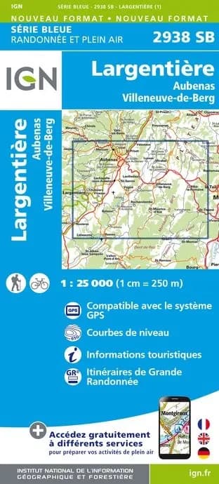 Carte randonnée Largentiere / Aubenas / Villeuneuve de Berg | série Bleue IGN — recto