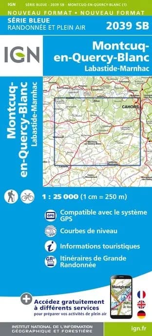 Carte randonnée Montcuq en Quercy Blanc/Labastide-Marnhac | série Bleue IGN — recto