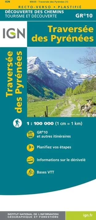 GR10 | Carte randonnée chemin de La traversée des Pyrénées IGN — recto