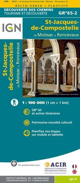 GR65-2 | Carte randonnée chemin de St Jacques. Moissac à Ronceveaux IGN — recto