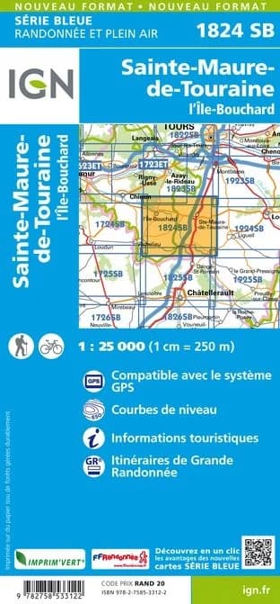 Carte randonnée Sainte Maure de Touraine - L'île Bouchard | série Bleue IGN — recto