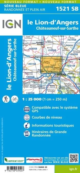 Carte randonnée Le Lion d'Angers/Chateauneuf sur Sarthe | série Bleue IGN — recto