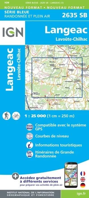 Carte randonnée Langeac/Lavoûte-Chilhac | série Bleue IGN — recto