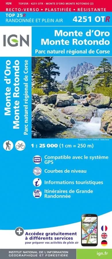 Carte IGN parc national corse monte oro monte rotondo 4251OTR série Top 25 Résistante — recto