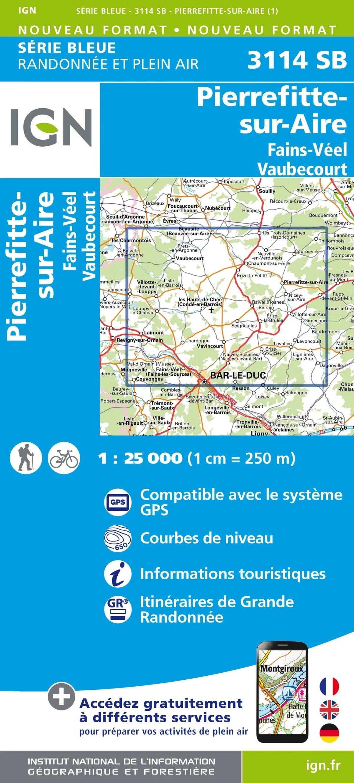 Carte randonnée Pierrefitte sur Aire/Fains-Veel/Vaubecourt | série Bleue IGN — recto