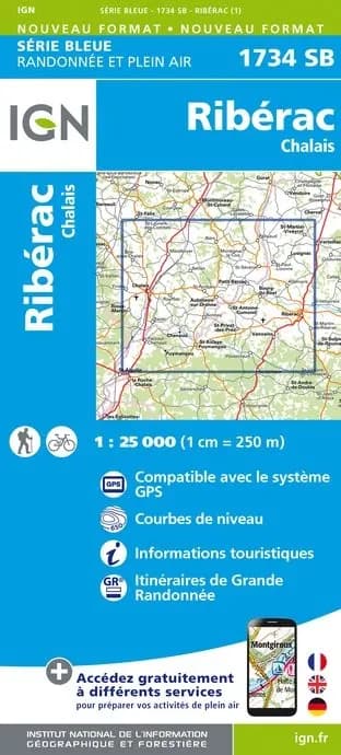 Carte randonnée Ribérac/Chalais | série Bleue IGN — recto