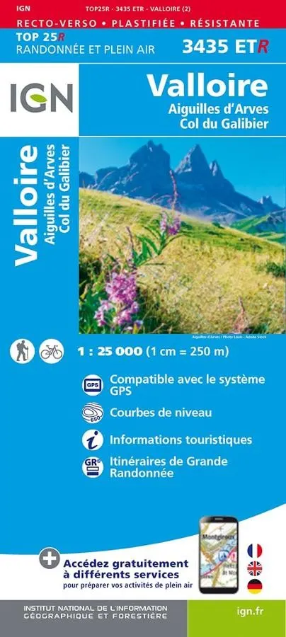 Carte IGN valloire aiguilles arves 3435ETR série Top 25 Résistante — recto