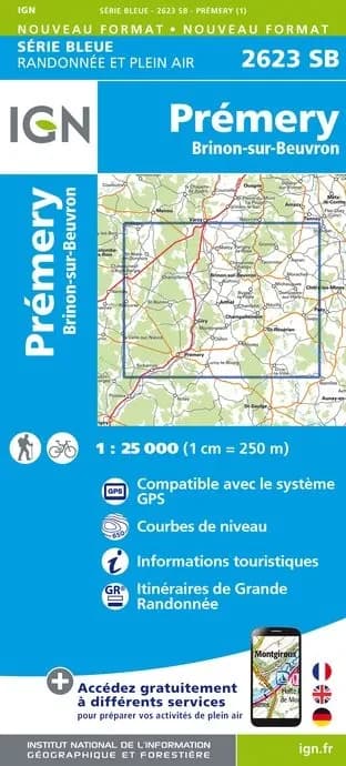 Carte randonnée Premery/Brinon sur Beuvron | série Bleue IGN — recto