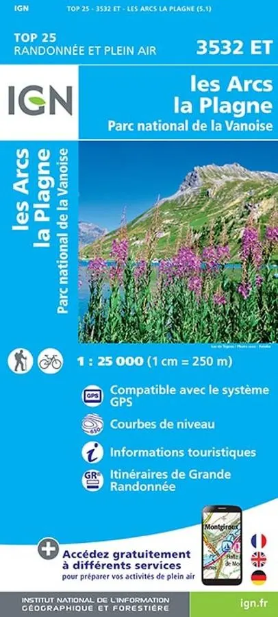Carte IGN les arcs la plagne parc national de la vanoise 3532ET série Top 25 — recto