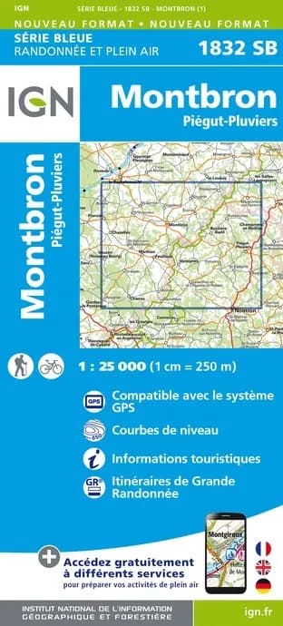 Carte randonnée Montbron/Piégut-Pluviers | série Bleue IGN — recto