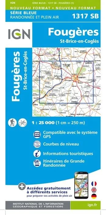 Carte randonnée Fougères/Saint-Brice-en-Cogles | série Bleue IGN — recto