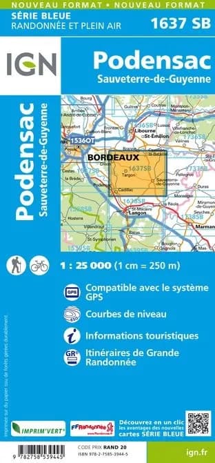 Carte randonnée Podensac/Sauveterre de Guyenne | série Bleue IGN — recto