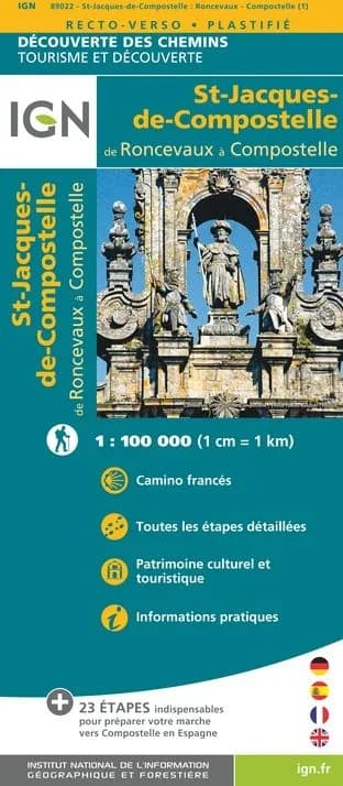 GR65-3 | Carte randonnée chemin de St Jacques. Ronceveaux à Compostelle IGN — recto