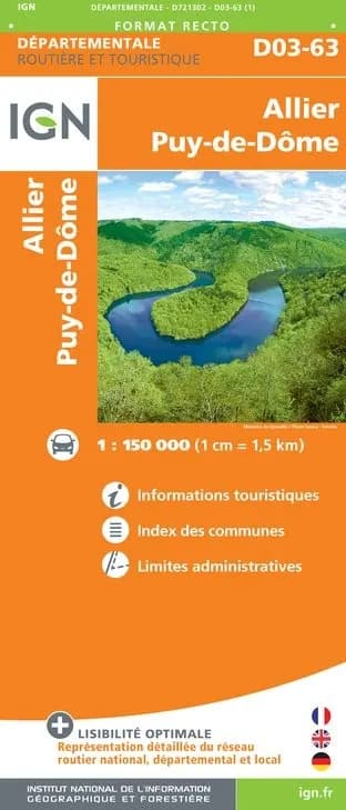 Carte routière IGN D721302 - D03-63 Allier Puy-De-Dôme — recto