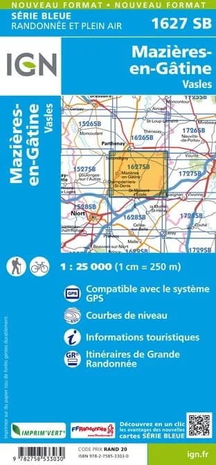 Carte randonnée Mazières en Gatine - Vasles | série Bleue IGN — recto