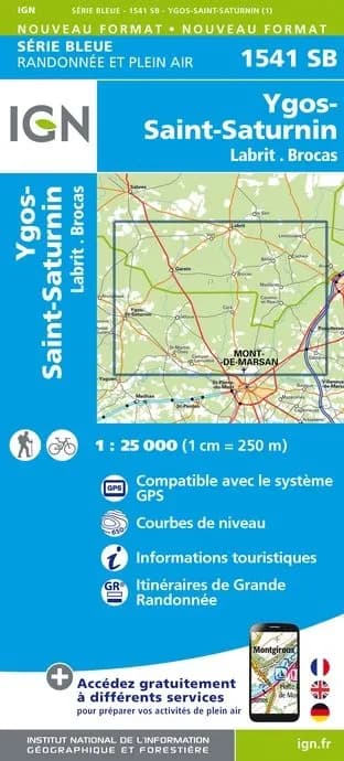 Carte randonnée Labrit/Brocas/Saint-Martin-d'Oney | série Bleue IGN — recto