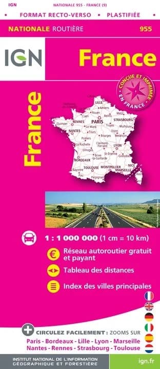 Carte IGN 1M955 - 955 France Routiere Plastifiee 2020 — recto
