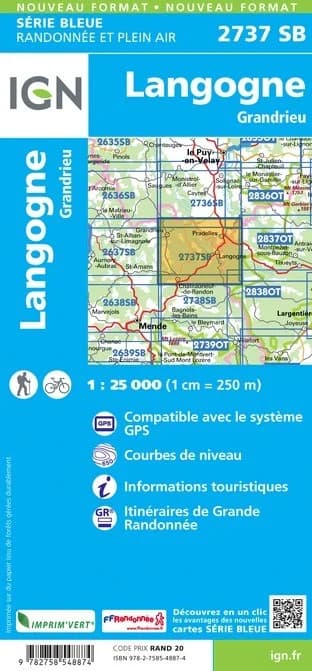 Carte randonnée Langogne/Grandrieu | série Bleue IGN — recto