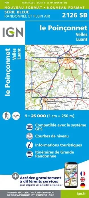 Carte randonnée Le Poinçonnet/Velles/Luant | série Bleue IGN — recto