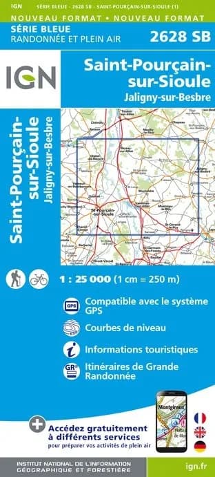 Carte randonnée Saint-Pourçain sur Sioule/Jaligny sur Besbre | série Bleue IGN — recto