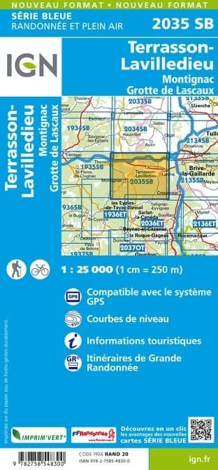 Carte randonnée Terrasson/Lavilledieu-Montignac/Grotte de Lascaux | série Bleue IGN — recto