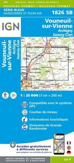 Carte randonnée Vouneuil sur Vienne/Archigny/Jaunay Clan | série Bleue IGN — recto