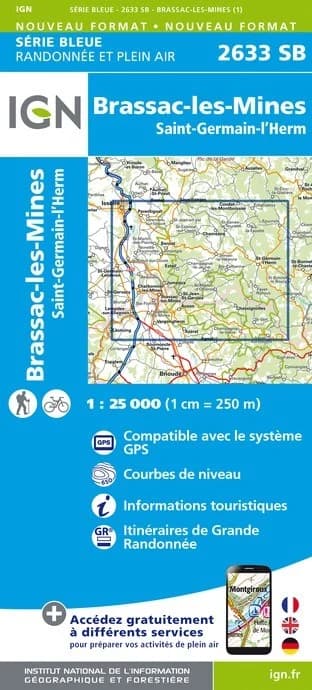 Carte randonnée St-Germain-Lembron/St-Germain-l'Herm | série Bleue IGN — recto