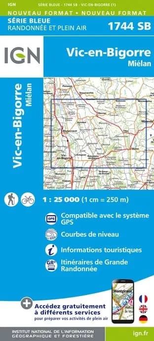 Carte randonnée Vic en Bigorre/Miélan | série Bleue IGN — recto