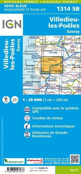 Carte randonnée Villedieu les Poëles/Gavray | série Bleue IGN — recto