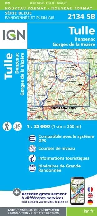 Carte randonnée Tulle/Donzenac/Gorges de la Vézère | série Bleue IGN — recto