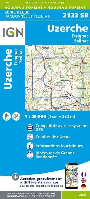 Carte randonnée Uzèrche/Treigna /Seilhac | série Bleue IGN — recto
