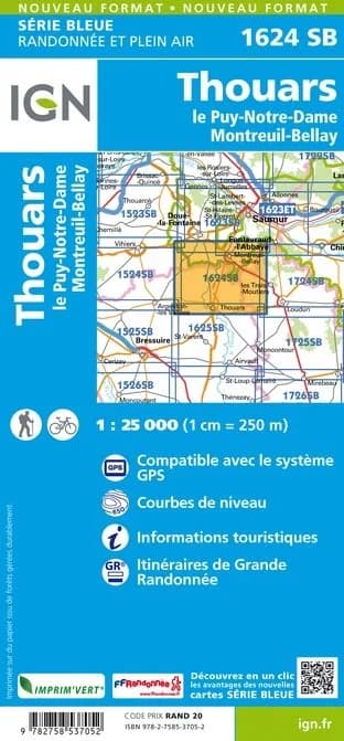 Carte randonnée Thouars/le Puy-Notre-Dame/Montreuil-Bellay | série Bleue IGN — recto