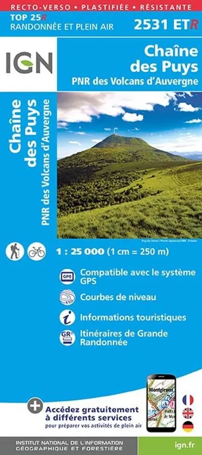Carte IGN chaîne des Puys volcans auvergne 2531ETR série Top 25 Résistante — recto