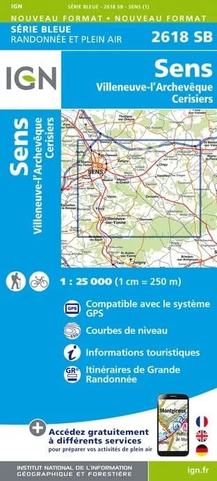 Carte randonnée Sens/Villeneuve l'Achevêque/Cerisiers | série Bleue IGN — recto