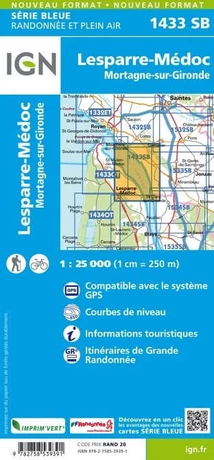Carte randonnée Lesparre Médoc/Mortagne sur Gironde | série Bleue IGN — recto