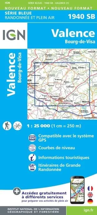 Carte randonnée Valence/Bourg-de-Visa | série Bleue IGN — recto