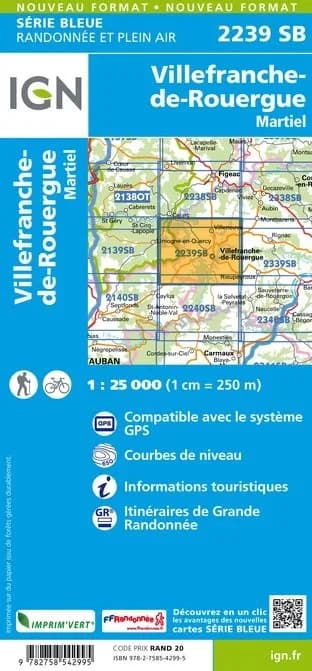 Carte randonnée Villefranche de Rouergue/Martiel | série Bleue IGN — recto